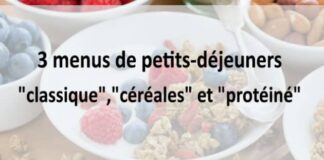 3 menus de petits-déjeuners "classique","céréales" et "protéiné"