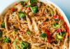 Wok nouilles poulet légumes