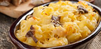 Gratin de pâtes poireaux champignons et poulet