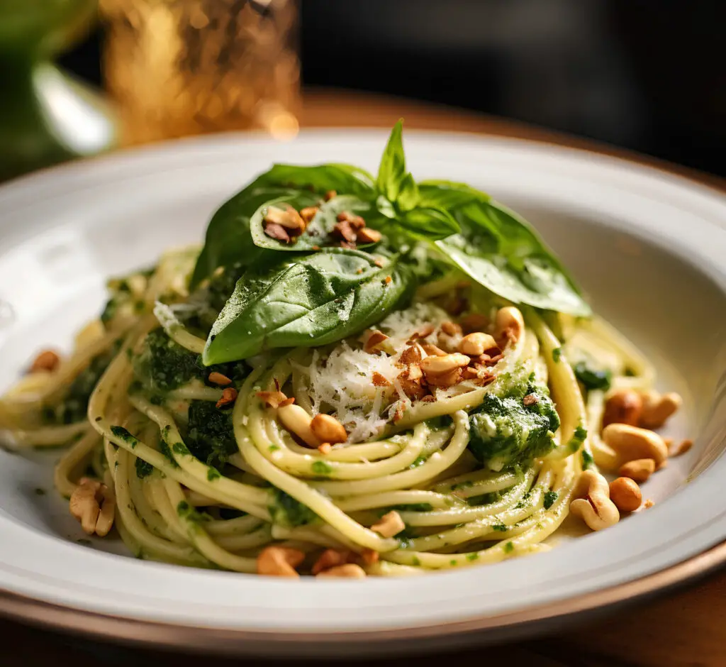 Spaghetti avec la sauce pesto et parmesan