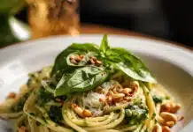 Spaghetti avec la sauce pesto et parmesan