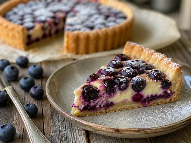 Part de tarte aux myrtilles sur une assiette, pâte sablée dorée et migaine crémeuse, tarte entière en arrière-plan
