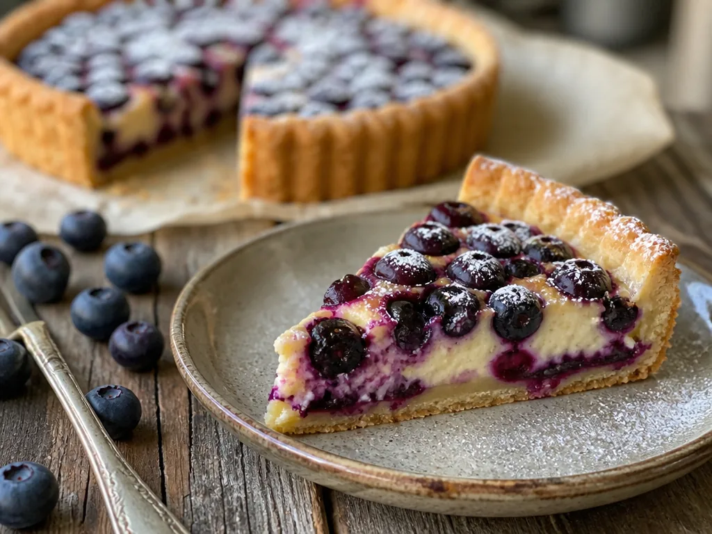 Part de tarte aux myrtilles sur une assiette, pâte sablée dorée et migaine crémeuse, tarte entière en arrière-plan