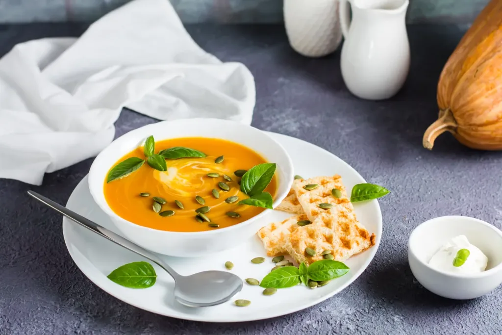Lundi — Velouté de potimarron et carottes au gingembre