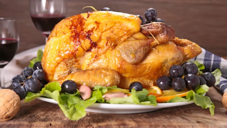 Volaille entière rôtie et dorée sur un plat, entourée de raisins noirs et de salade