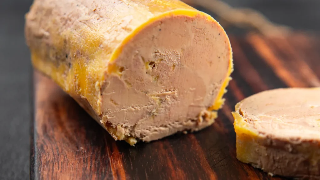 Rouleau de foie gras mi-cuit tranché sur une planche en bois, bordé de sa graisse jaune