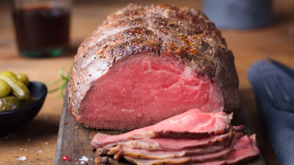 Rôti de bœuf entier à la croûte poivrée, tranché pour montrer un cœur rosé, sur une planche en bois